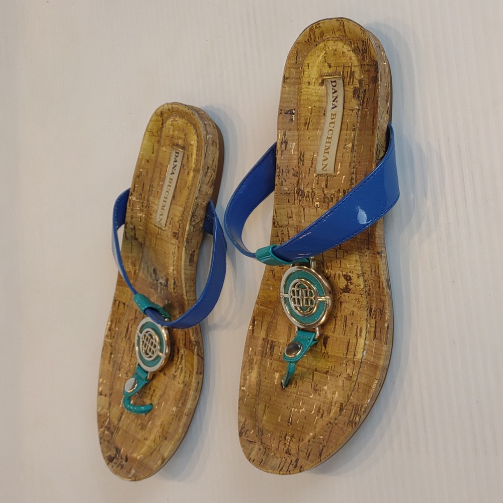 Dana Buchman Blue/Teal Straps Silver Medallion Thong Flat Sandals - Picture 7 of 13